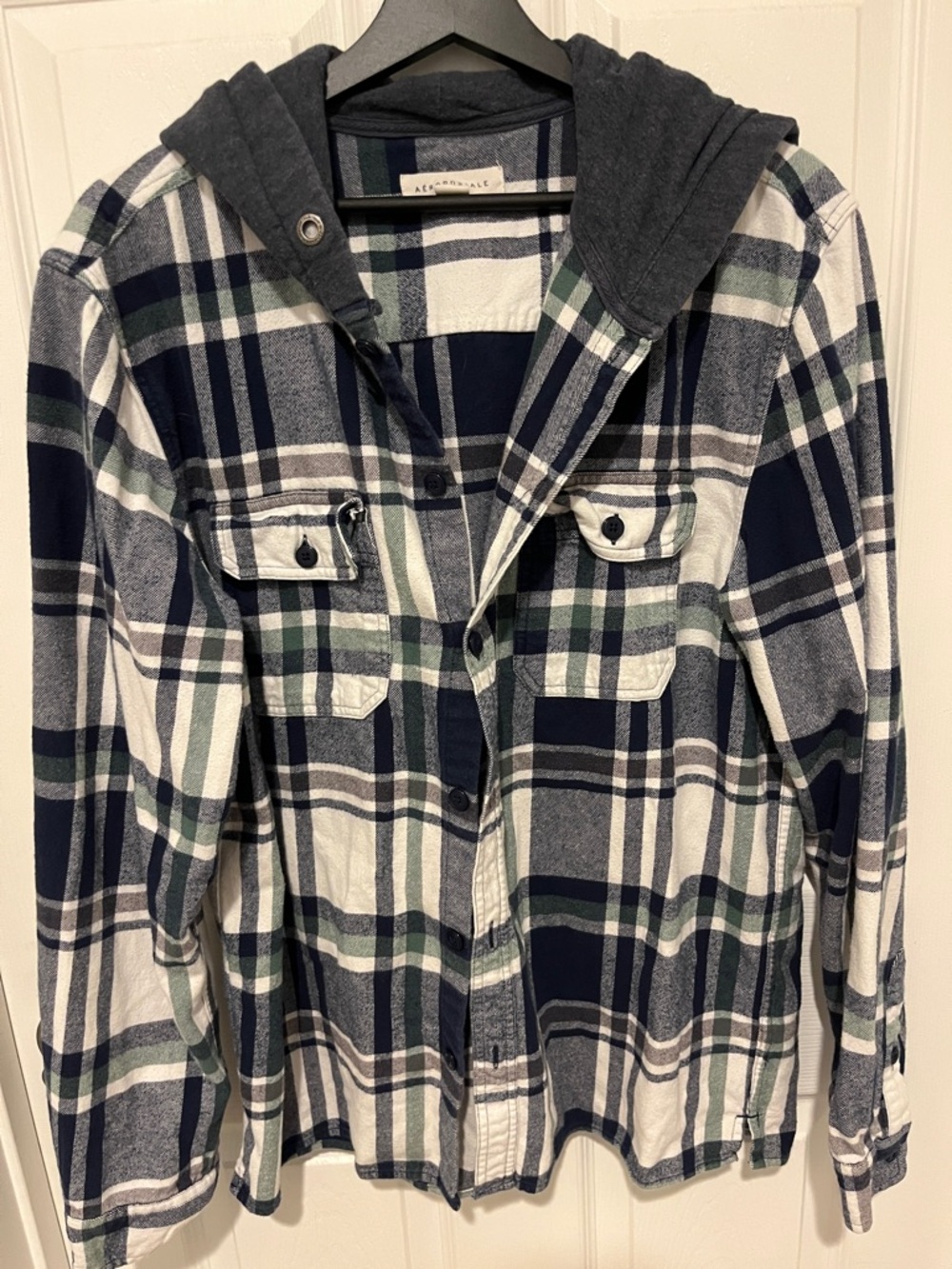 Aeropostale Navy White Green Plaid Hooded Flannel Shirt